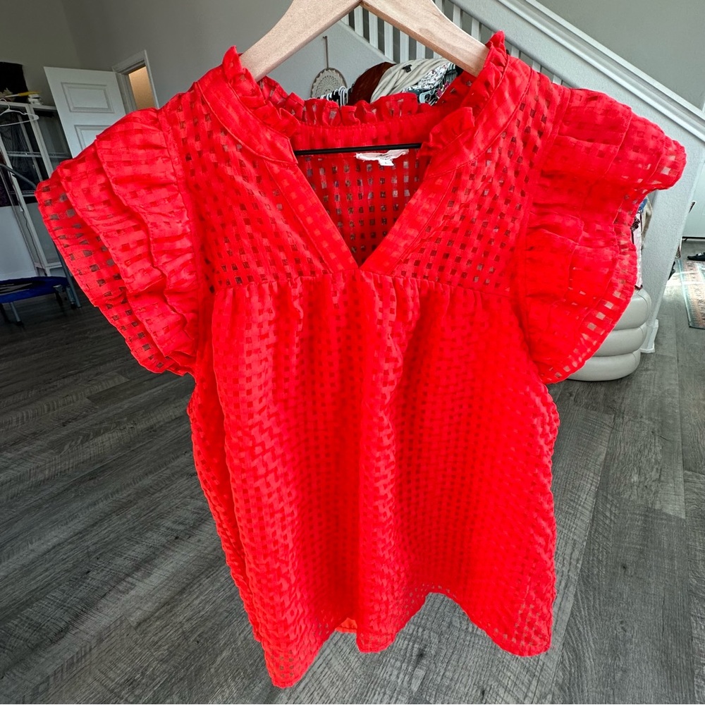 ENTRO Red Sheer Grid V Neck Ruffle Sleeves Top Blouse Large